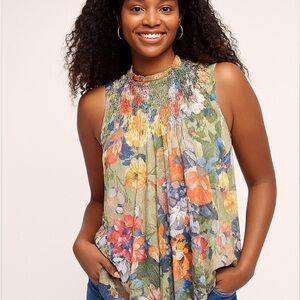 Anthropologie Deletta Gauze Floral Botanical Smocked Top Boho Hippie Size XS